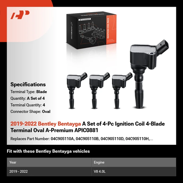 2019-2022 Bentley Bentayga A Set of 4-Pc Ignition Coil 4-Blade Terminal Oval A-Premium APIC0881