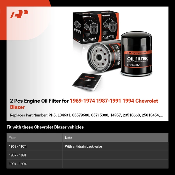 2 Pcs Engine Oil Filter for 1969-1974 1987-1991 1994 Chevrolet Blazer