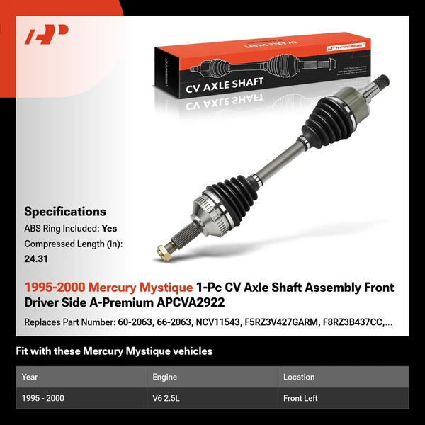 1995-2000 Mercury Mystique 1-Pc CV Axle Shaft Assembly Front Driver Side A-Premium APCVA2922