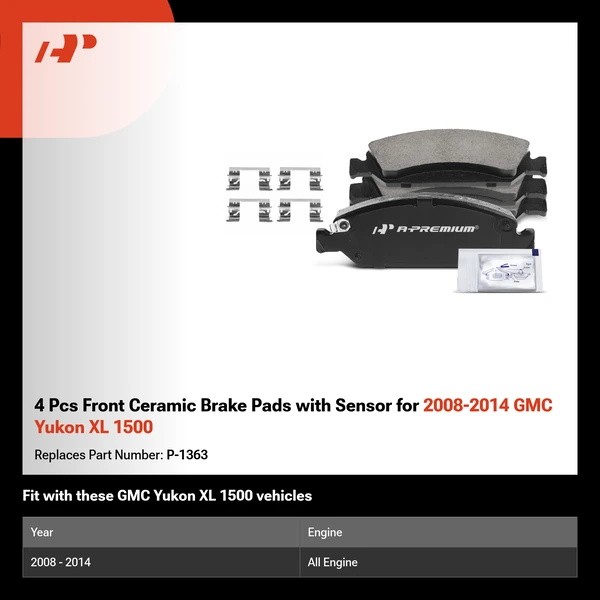 4 Pcs Front Ceramic Brake Pads with Sensor for 2008-2014 GMC Yukon XL 1500