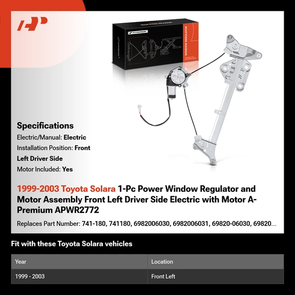 1999-2003 Toyota Solara 1-Pc Power Window Regulator and Motor Assembly Front Left Driver Side Electric with Motor A-Premium APWR2772