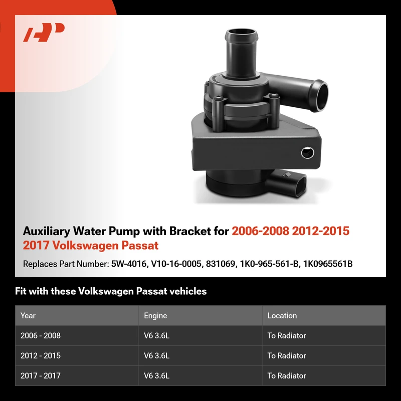 Auxiliary Water Pump with Bracket for 2006-2008 2012-2015 2017 Volkswagen Passat