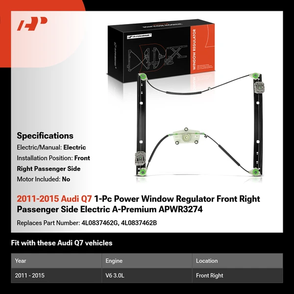 2011-2015 Audi Q7 1-Pc Power Window Regulator Front Right Passenger Side Electric A-Premium APWR3274