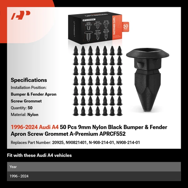 1996-2024 Audi A4 50 Pcs 9mm Nylon Black Bumper & Fender Apron Screw Grommet A-Premium APRCF552