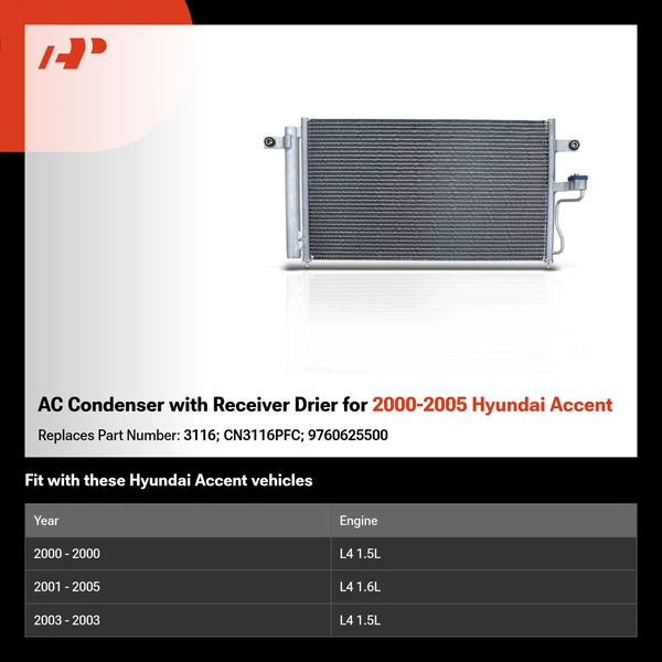AC Condenser with Receiver Drier for 2000-2005 Hyundai Accent