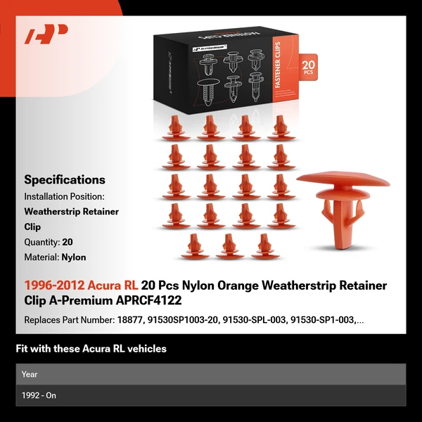 1996-2012 Acura RL 20 Pcs Nylon Orange Weatherstrip Retainer Clip A-Premium APRCF4122