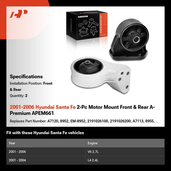 2001-2006 Hyundai Santa Fe 2-Pc Motor Mount Front & Rear A-Premium APEM661