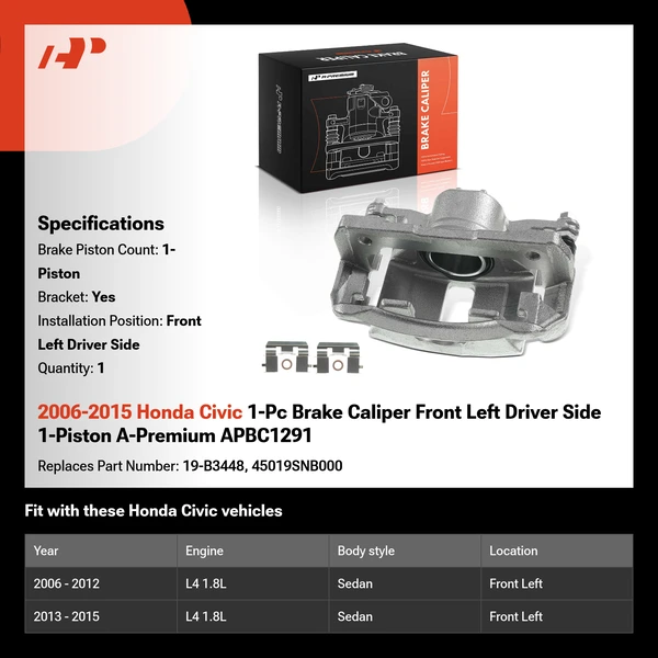 2006-2015 Honda Civic 1-Pc Brake Caliper Front Left Driver Side 1-Piston A-Premium APBC1291