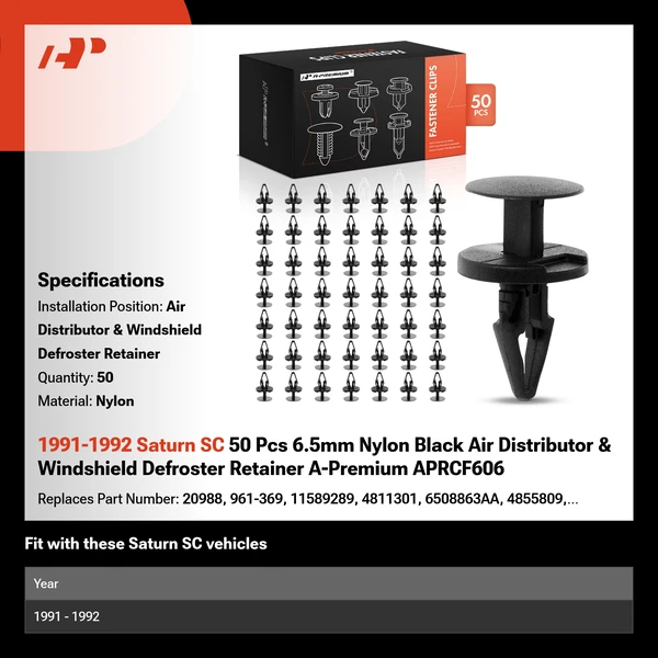 1991-1992 Saturn SC 50 Pcs 6.5mm Nylon Black Air Distributor & Windshield Defroster Retainer A-Premium APRCF606