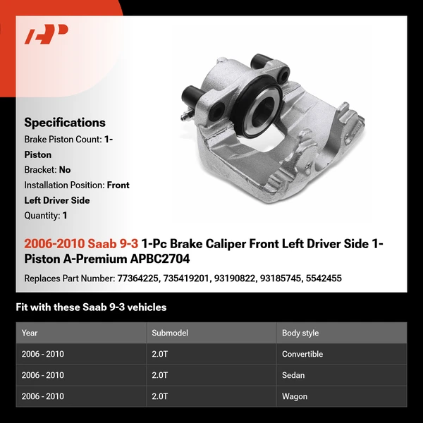 2006-2010 Saab 9-3 1-Pc Brake Caliper Front Left Driver Side 1-Piston A-Premium APBC2704