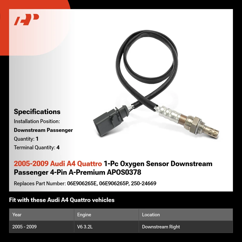 2005-2009 Audi A4 Quattro 1-Pc Oxygen Sensor Downstream Passenger 4-Pin A-Premium APOS0378