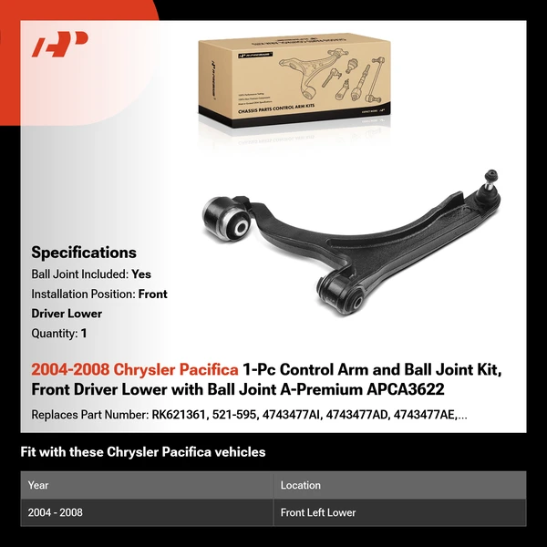 2004-2008 Chrysler Pacifica 1-Pc Control Arm and Ball Joint Kit, Front Driver Lower with Ball Joint A-Premium APCA3622