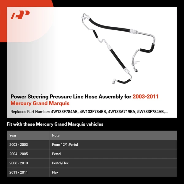 Power Steering Pressure Line Hose Assembly for 2003-2011 Mercury Grand Marquis