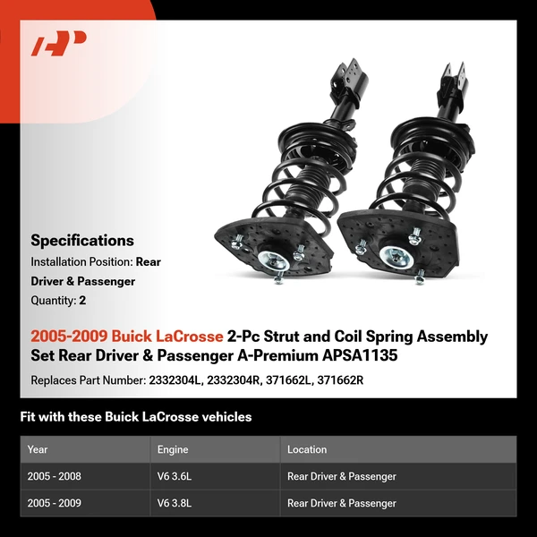 2005-2009 Buick LaCrosse 2-Pc Strut and Coil Spring Assembly Set Rear Driver & Passenger A-Premium APSA1135