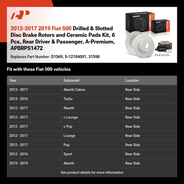 2012-2017 2019 Fiat 500 Drilled & Slotted Disc Brake Rotors and Ceramic Pads Kit, 6 Pcs, Rear Driver & Passenger, A-Premium, APBRPS1472
