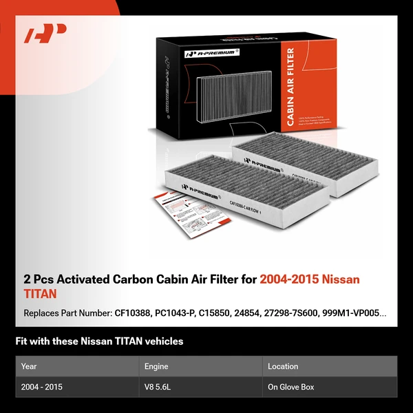 2 Pcs Activated Carbon Cabin Air Filter for 2004-2015 Nissan TITAN
