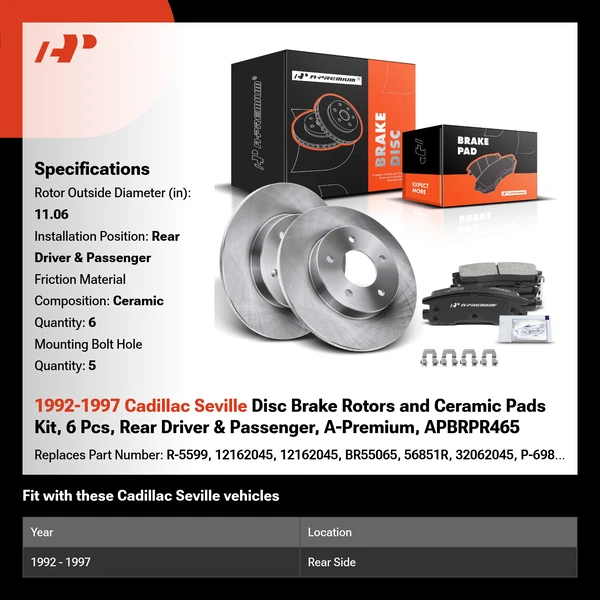 1992-1997 Cadillac Seville Disc Brake Rotors and Ceramic Pads Kit, 6 Pcs, Rear Driver & Passenger, A-Premium, APBRPR465