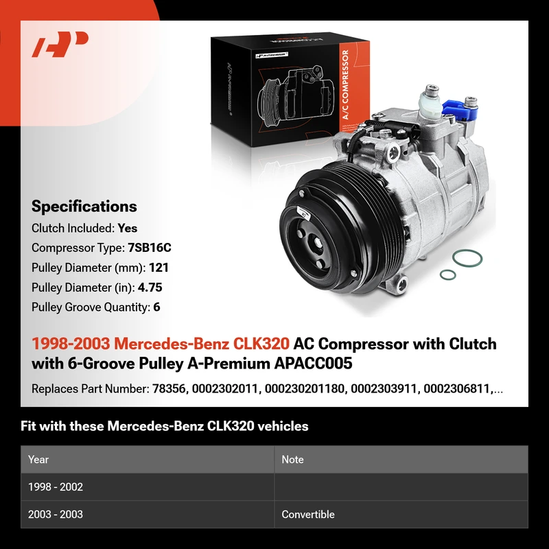 1998-2003 Mercedes-Benz CLK320 AC Compressor with Clutch with 6-Groove Pulley A-Premium APACC005