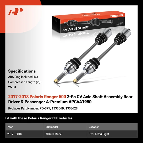 2017-2018 Polaris Ranger 500 2-Pc CV Axle Shaft Assembly Rear Driver & Passenger A-Premium APCVA1980