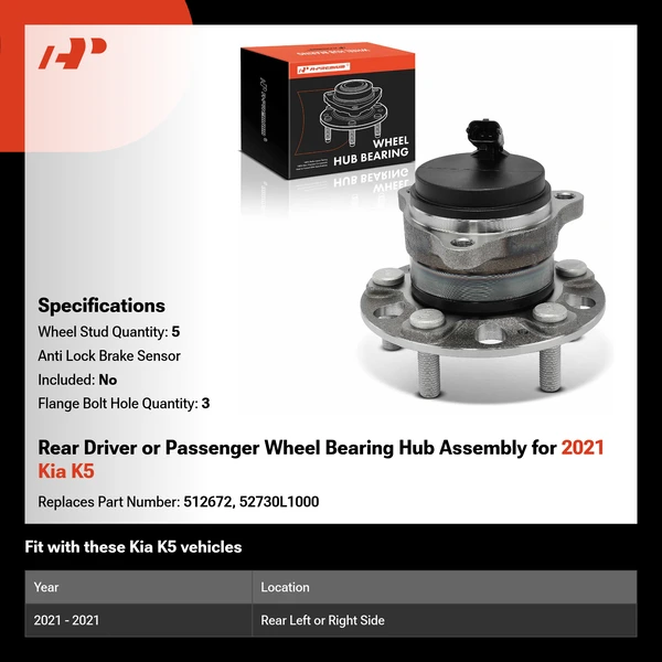 Rear Driver or Passenger Wheel Bearing Hub Assembly for 2021 Kia K5