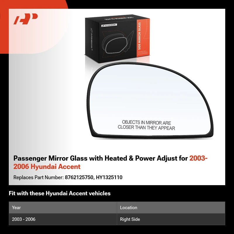 Passenger Mirror Glass with Heated & Power Adjust for 2003-2006 Hyundai Accent