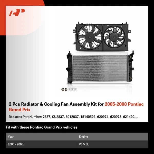 2 Pcs Radiator & Cooling Fan Assembly Kit for 2005-2008 Pontiac Grand Prix