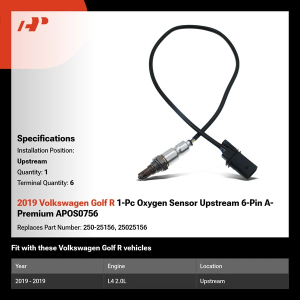 2019 Volkswagen Golf R 1-Pc Oxygen Sensor Upstream 6-Pin A-Premium APOS0756
