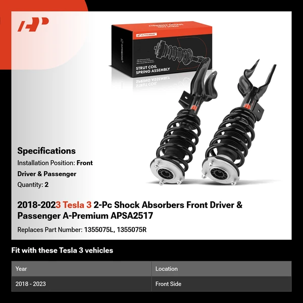 2018-2023 Tesla 3 2-Pc Shock Absorbers Front Driver & Passenger A-Premium APSA2517