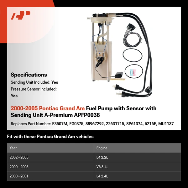 2000-2005 Pontiac Grand Am Fuel Pump with Sensor with Sending Unit A-Premium APFP0038