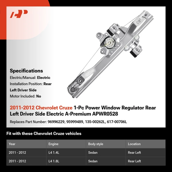 2011-2012 Chevrolet Cruze 1-Pc Power Window Regulator Rear Left Driver Side Electric A-Premium APWR0528