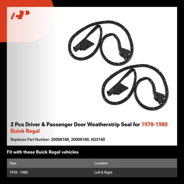 2 Pcs Driver & Passenger Door Weatherstrip Seal for 1978-1980 Buick Regal