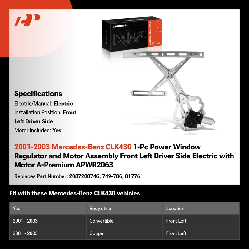 2001-2003 Mercedes-Benz CLK430 1-Pc Power Window Regulator and Motor Assembly Front Left Driver Side Electric with Motor A-Premium APWR2063