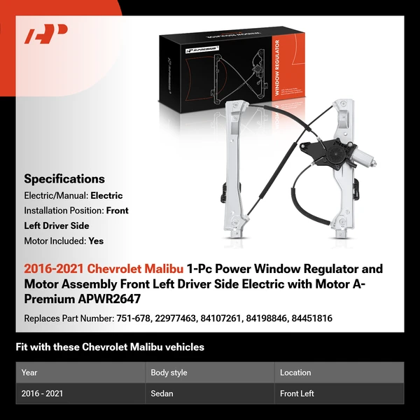 2016-2021 Chevrolet Malibu 1-Pc Power Window Regulator and Motor Assembly Front Left Driver Side Electric with Motor A-Premium APWR2647