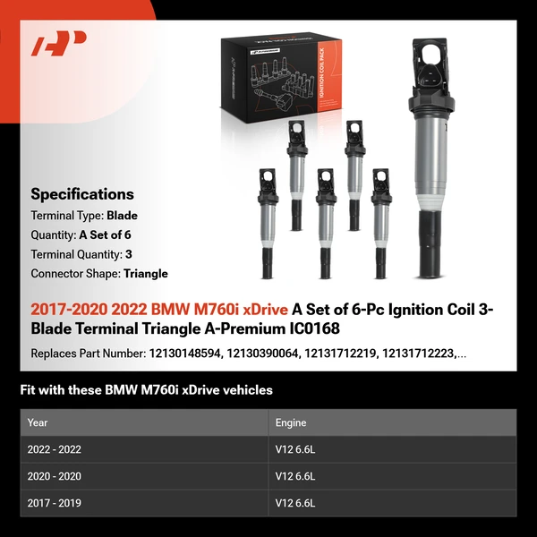 2017-2020 2022 BMW M760i xDrive A Set of 6-Pc Ignition Coil 3-Blade Terminal Triangle A-Premium IC0168