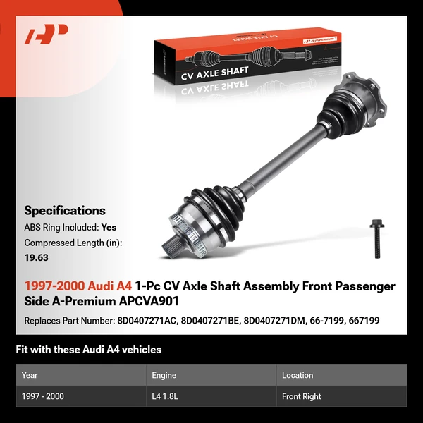 1997-2000 Audi A4 1-Pc CV Axle Shaft Assembly Front Passenger Side A-Premium APCVA901