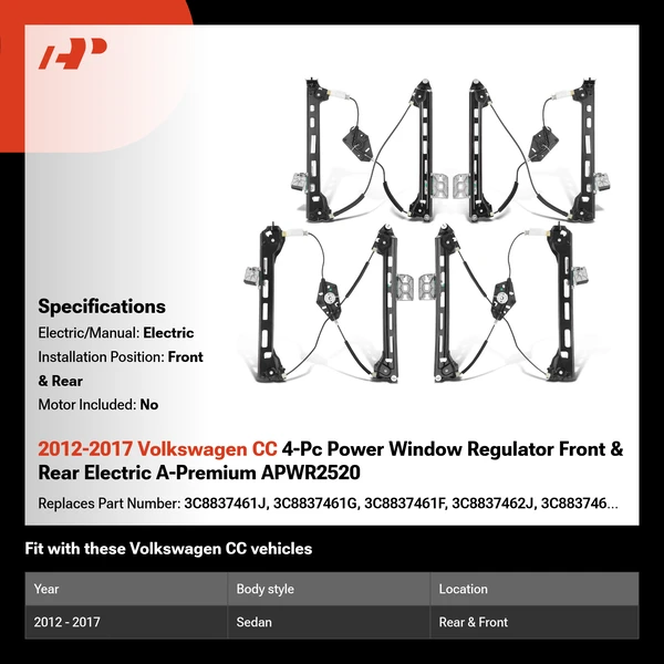2012-2017 Volkswagen CC 4-Pc Power Window Regulator Front & Rear Electric A-Premium APWR2520