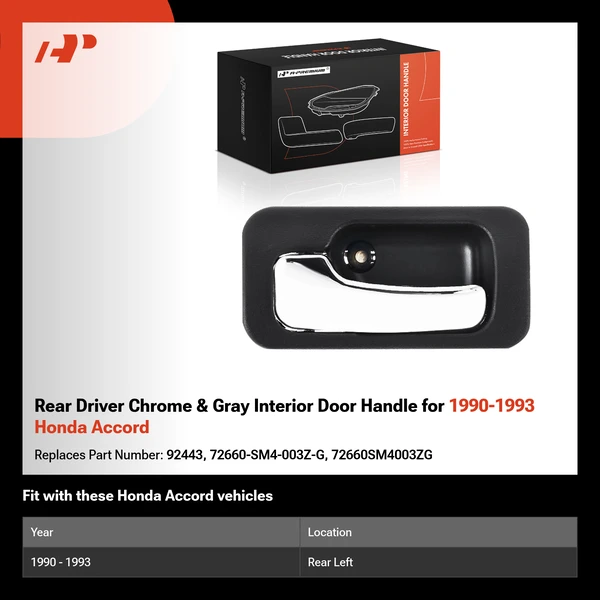 Rear Driver Chrome & Gray Interior Door Handle for 1990-1993 Honda Accord