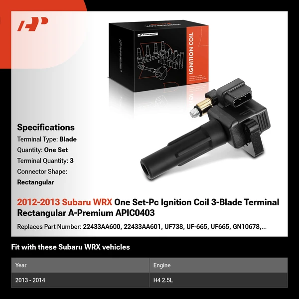 2012-2013 Subaru WRX One Set-Pc Ignition Coil 3-Blade Terminal Rectangular A-Premium APIC0403