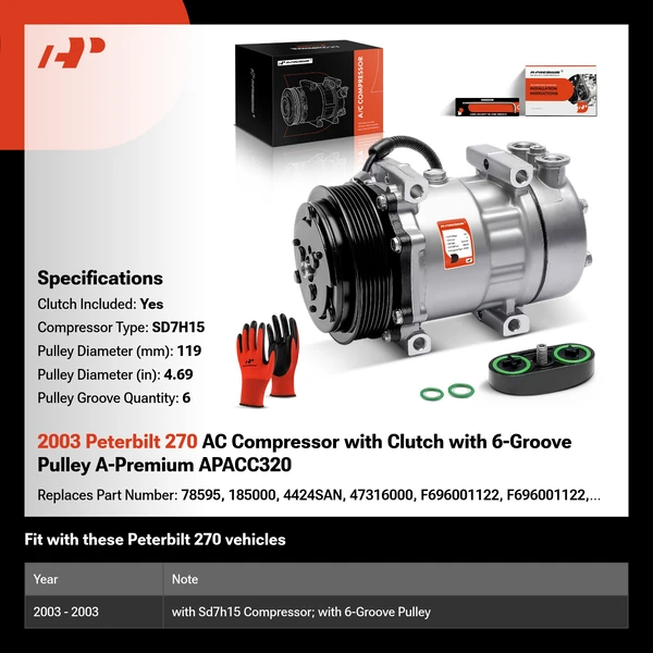 2003 Peterbilt 270 AC Compressor with Clutch with 6-Groove Pulley A-Premium APACC320