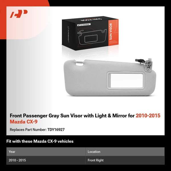 Front Passenger Gray Sun Visor with Light & Mirror for 2010-2015 Mazda CX-9