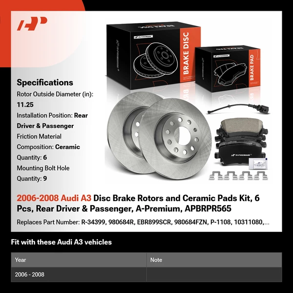 2006-2008 Audi A3 Disc Brake Rotors and Ceramic Pads Kit, 6 Pcs, Rear Driver & Passenger, A-Premium, APBRPR565