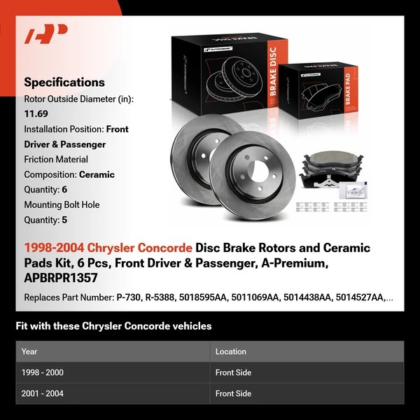 1998-2004 Chrysler Concorde Disc Brake Rotors and Ceramic Pads Kit, 6 Pcs, Front Driver & Passenger, A-Premium, APBRPR1357