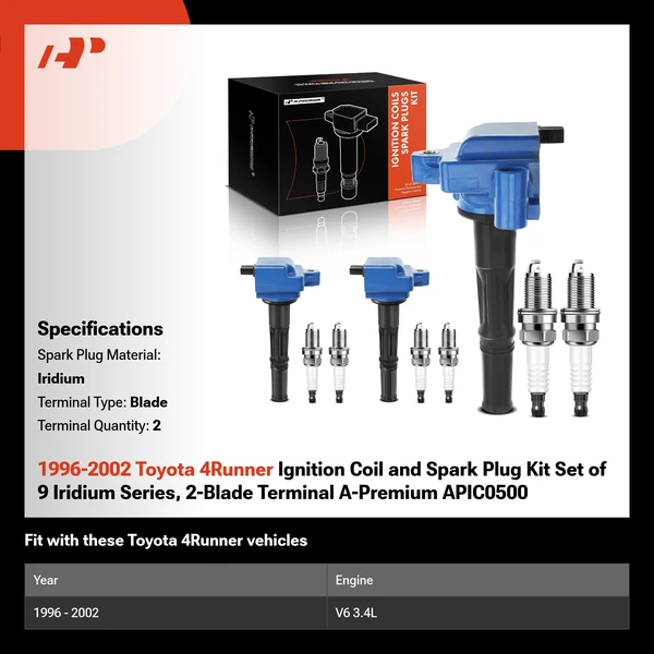 1996-2002 Toyota 4Runner Ignition Coil and Spark Plug Kit Set of 9 Iridium Series, 2-Blade Terminal A-Premium APIC0500