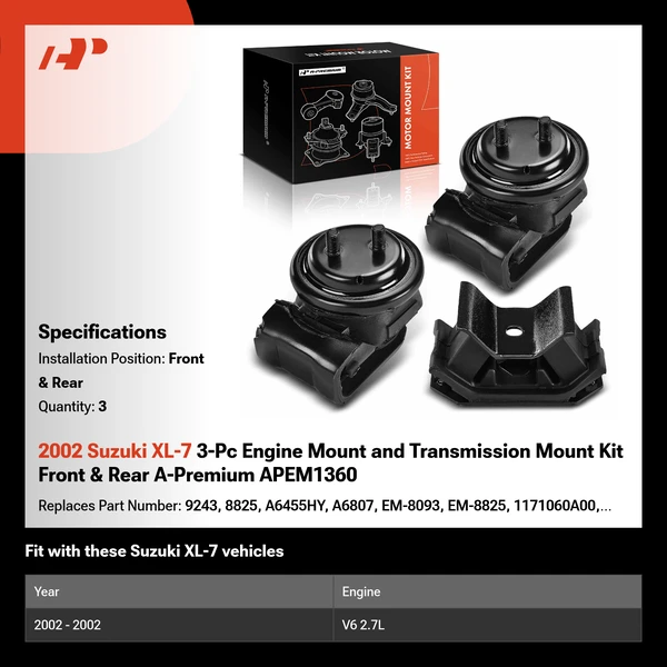 2002 Suzuki XL-7 3-Pc Engine Mount and Transmission Mount Kit Front & Rear A-Premium APEM1360