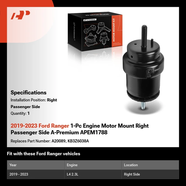2019-2023 Ford Ranger 1-Pc Engine Motor Mount Right Passenger Side A-Premium APEM1788