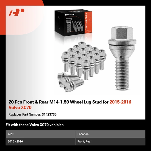 20 Pcs Front & Rear M14-1.50 Wheel Lug Stud for 2015-2016 Volvo XC70