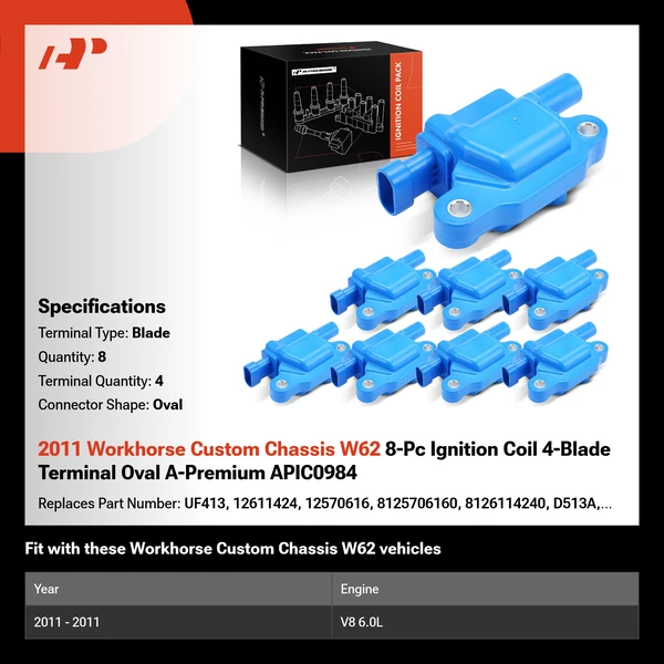 2011 Workhorse Custom Chassis W62 A Set of 8-Pc Ignition Coil 4-Blade Terminal Rectangular, Oval A-Premium APIC0984
