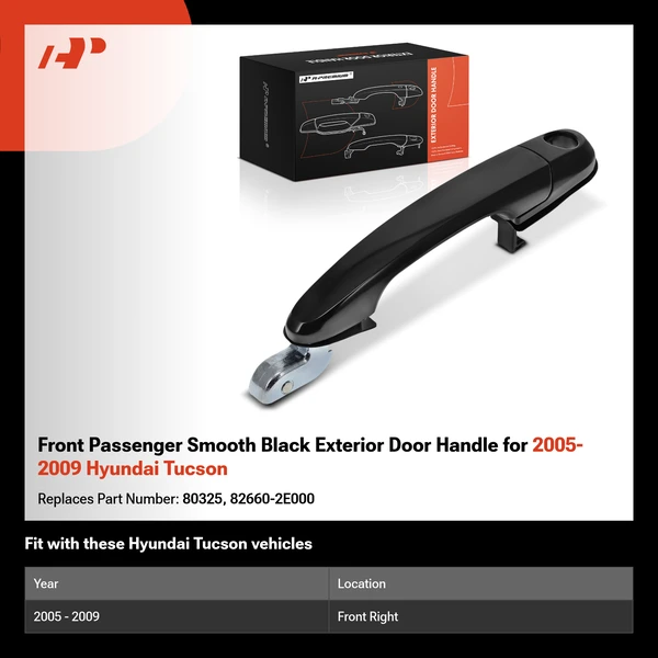 Front Passenger Smooth Black Exterior Door Handle for 2005-2009 Hyundai Tucson