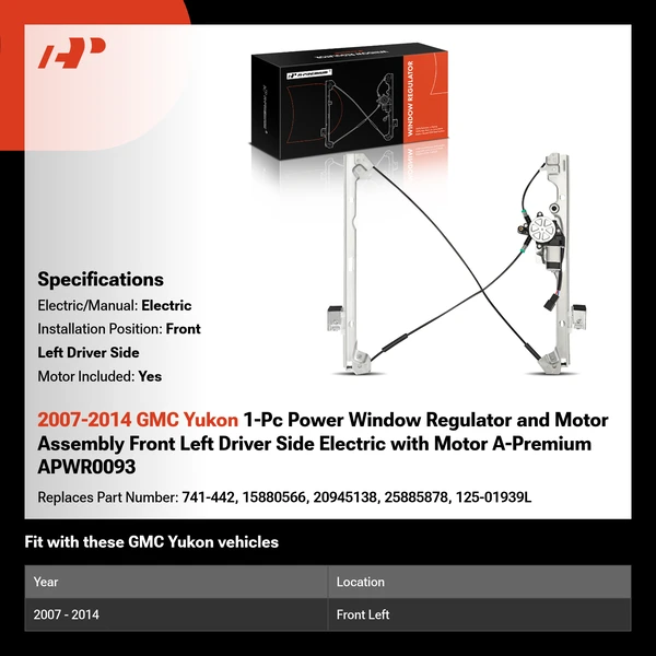 2007-2014 GMC Yukon 1-Pc Power Window Regulator and Motor Assembly Front Left Driver Side Electric with Motor A-Premium APWR0093