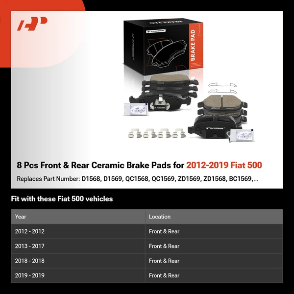 8 Pcs Front & Rear Ceramic Brake Pads for 2012-2019 Fiat 500